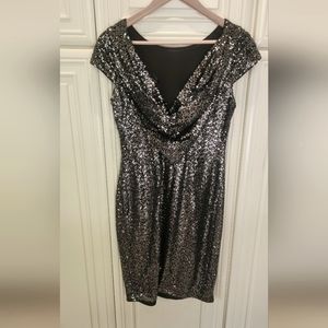 Calvin Klein, Size 10, Sequined, Low Cowl Neck Dress, Gunmetal Grey